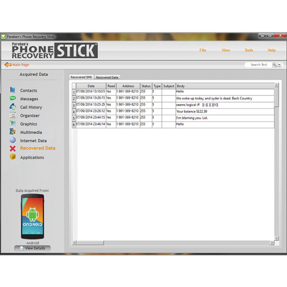 Paraben Android data recovery software interface showing deleted SMS and WhatsApp chat extraction