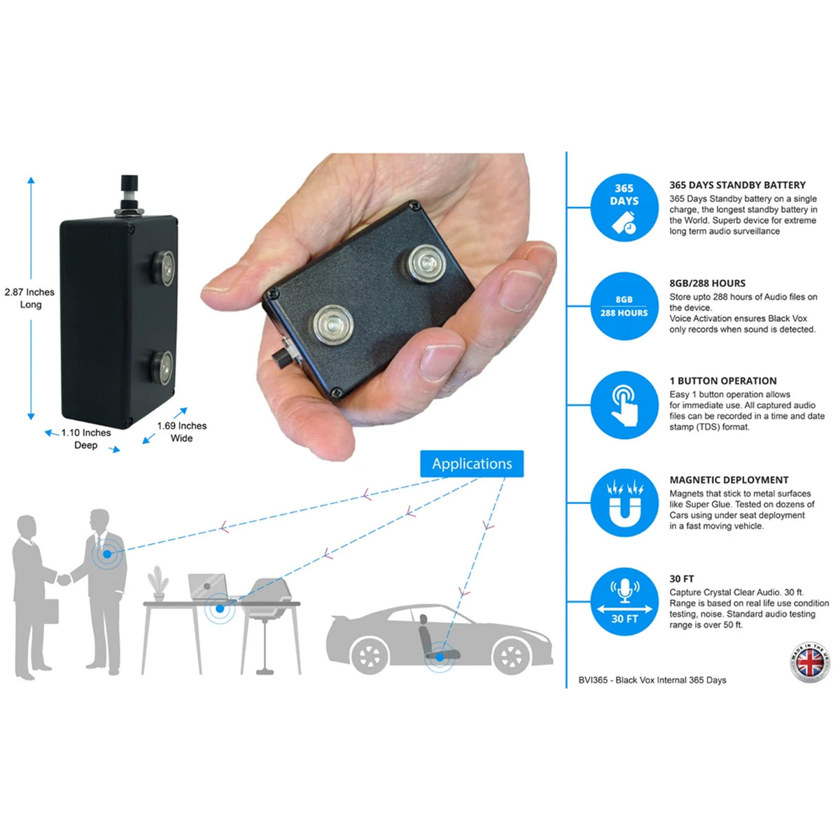 Black Vox Internal 365-Day Long-Life Covert Audio Recorder & Spy Bug