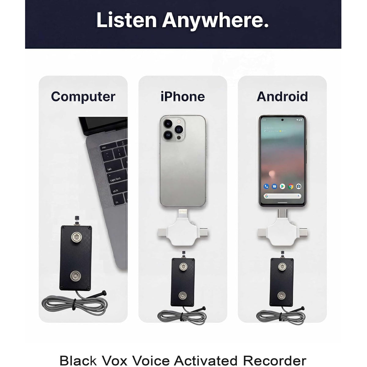 Black Vox Extended External Lead Voice-Activated Digital Audio Recorder