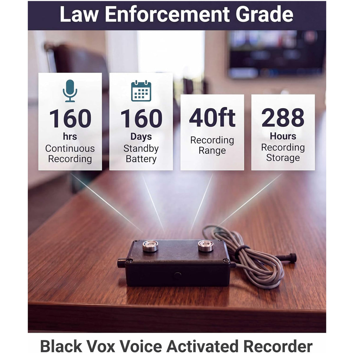 Black Vox Extended External Lead Voice-Activated Digital Audio Recorder