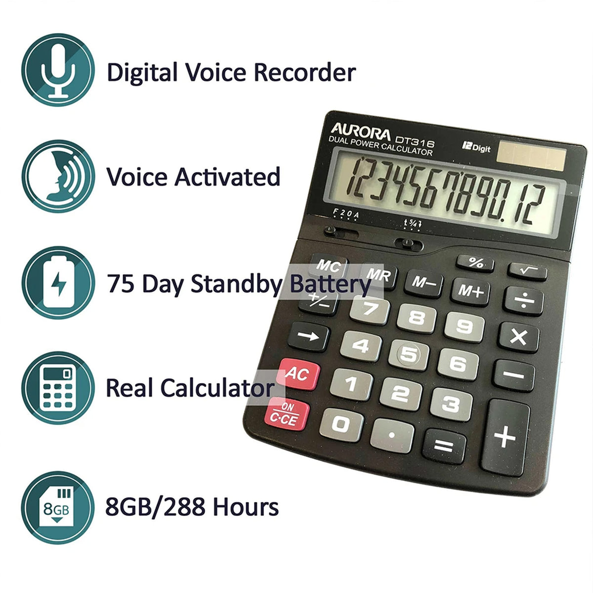 Calculator Voice-Activated Audio Recorder: 75-Day Battery Professional Device