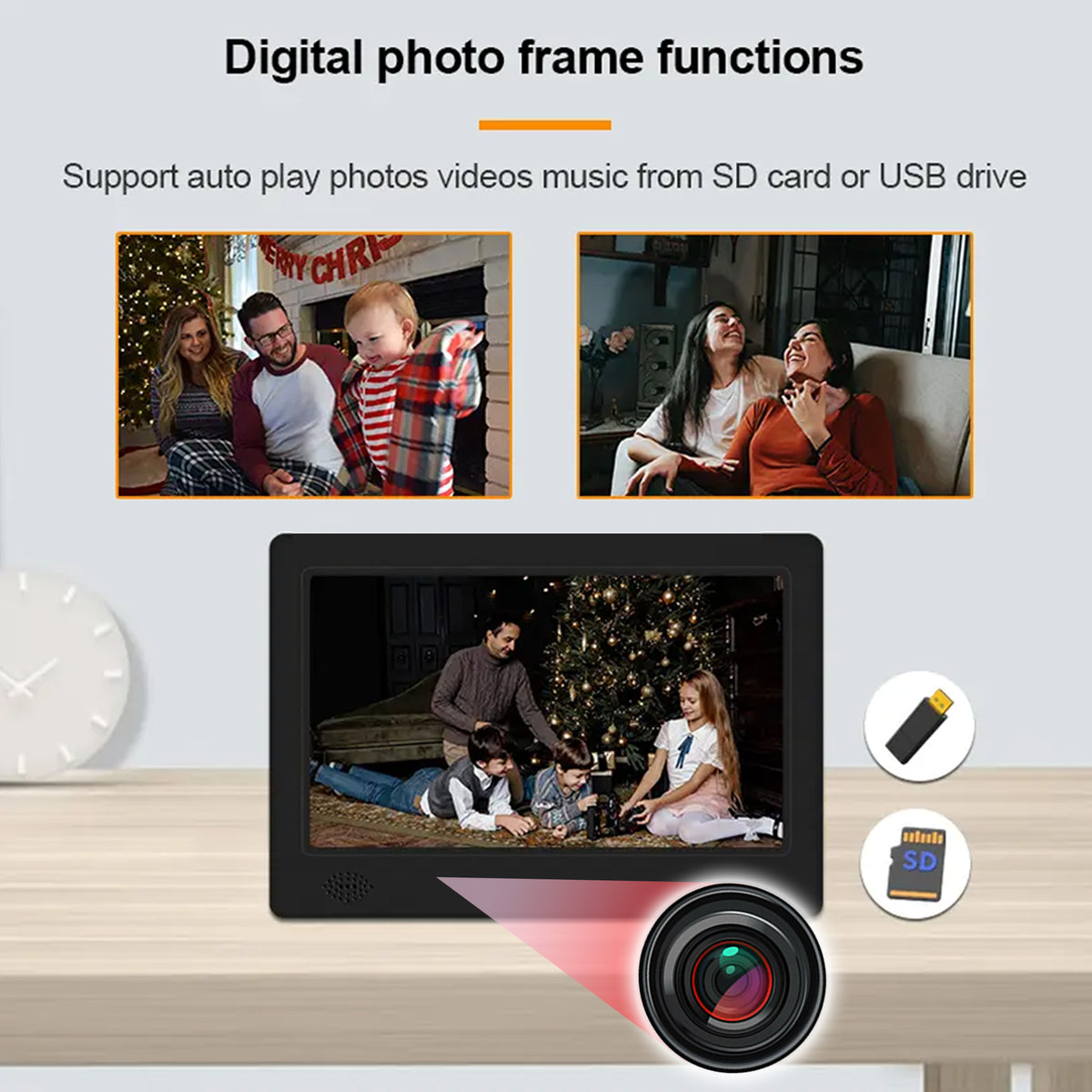 Cámara espía oculta con marco de fotos digital y reloj | Cámara espía WiFi 1080P con audio, detección de movimiento y 128 GB de memoria - Fabricada a medida en EE. UU.