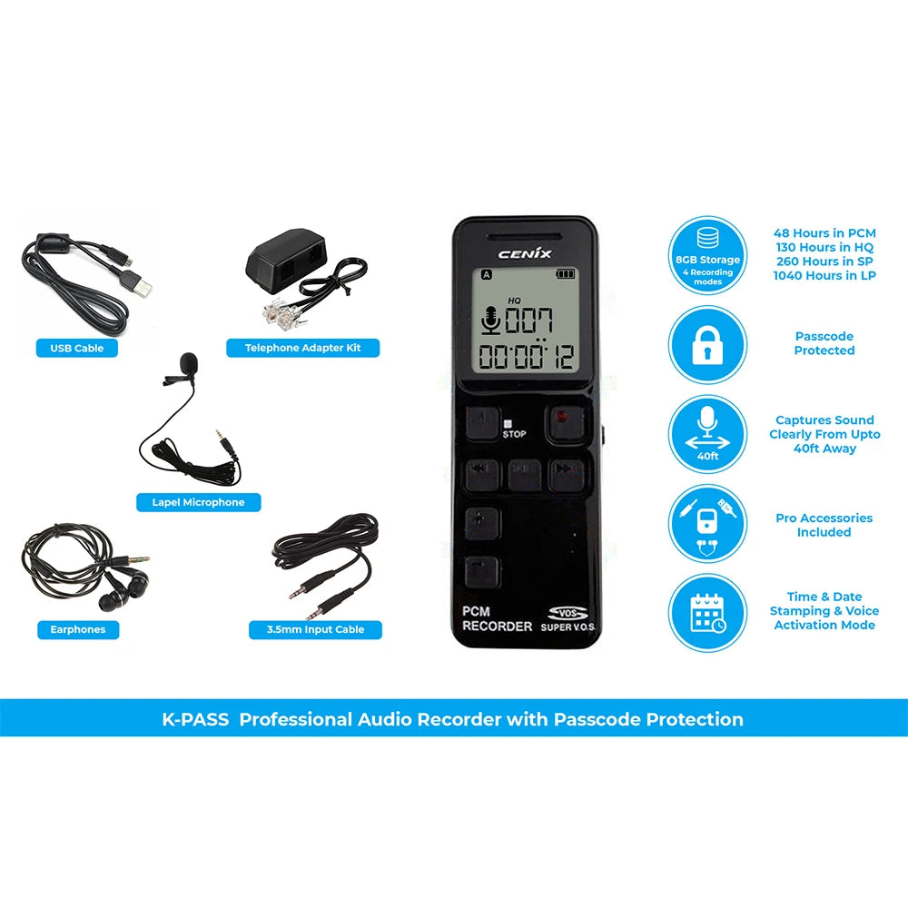 PBN-TEC Premium 8GB Password Protected Audio Recorder | 1040-Hr Voice Activated Spy Recorder