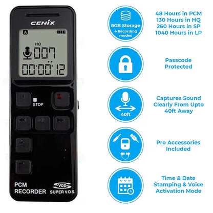 PBN-TEC Premium 8GB Password Protected Audio Recorder | 1040-Hr Voice Activated Recorder