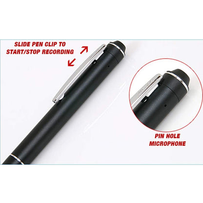Close-up of the slim-line MQ78 recording pen pocket clip and discreet top control switch