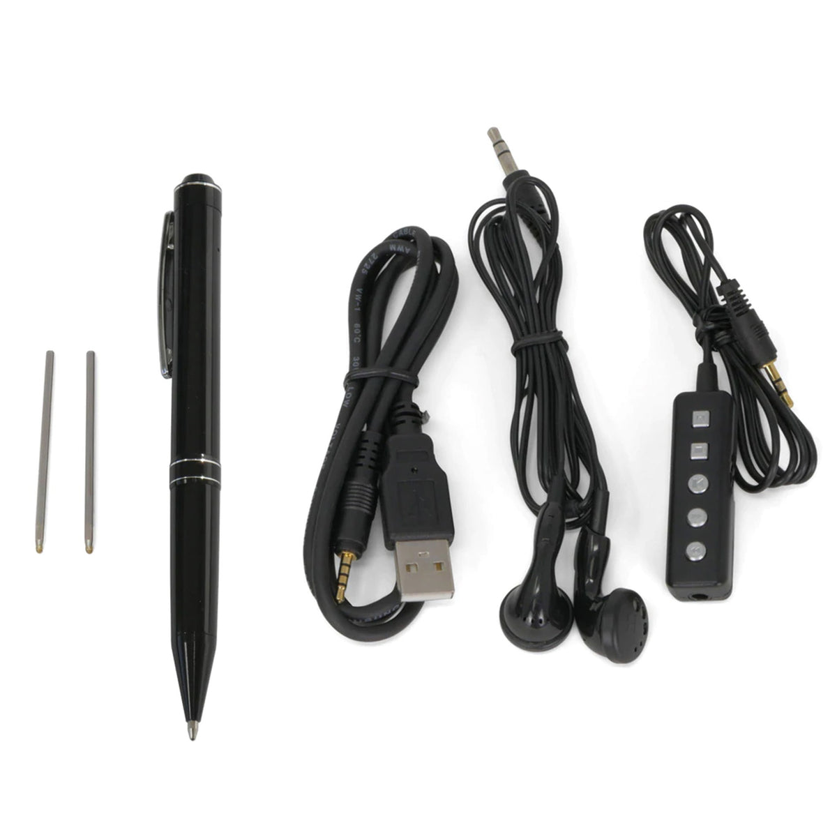Slim-line voice-activated audio recorder pen kit including spare ink refills and USB cable MQ78