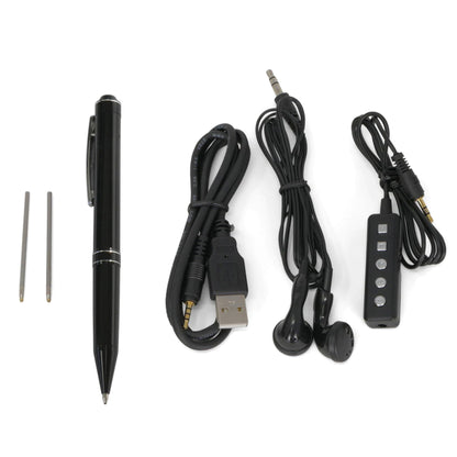 Slim-line voice-activated audio recorder pen kit including spare ink refills and USB cable MQ78