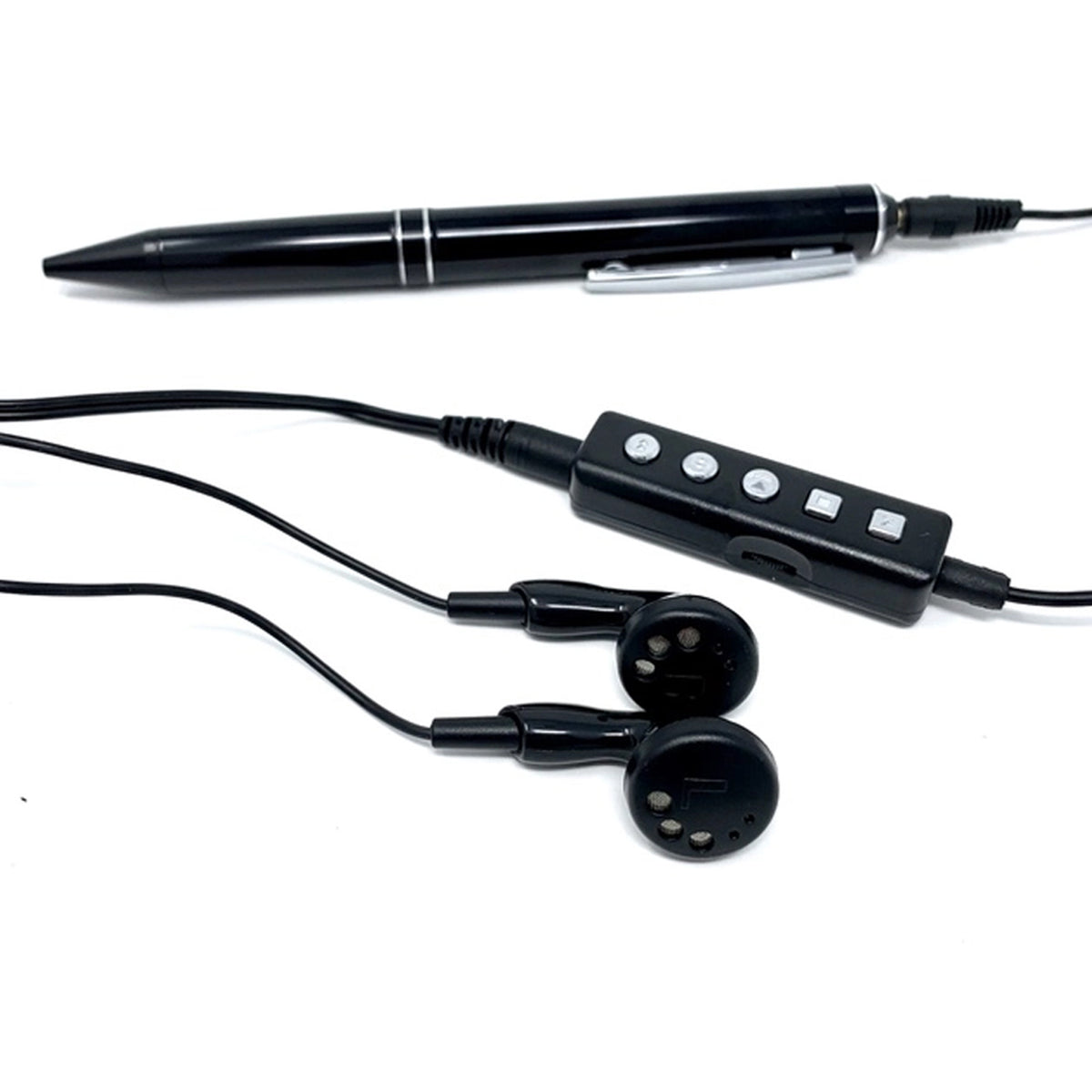 Slim-line audio recording pen reveal hidden ear bud controler